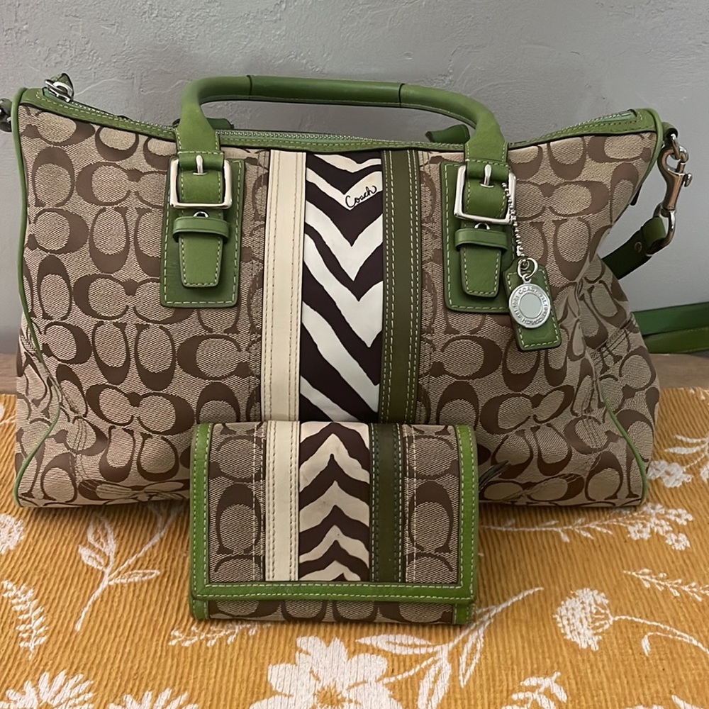 Coach Kelly Green Zebra Nancy Tote Duffel with Matching Wallet